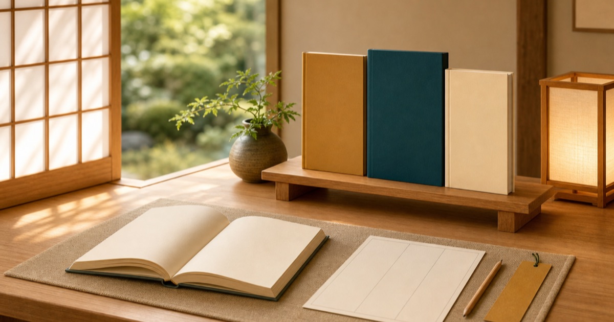 障子の光が入る読書机で、無地の三冊の本を木製の書見台に並べ、開いた本と三欄の白紙メモ、鉛筆としおりを置いた学習イメージ